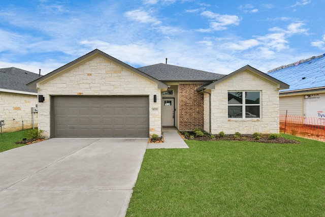 10310 Woodhill Spa Ln, Cleveland, TX 77327 - view of front of house with stone siding, concrete driveway, an attached garage, and a shingled roof