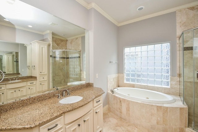 full bath with a tub with jets, ornamental molding, a stall shower, and vanity