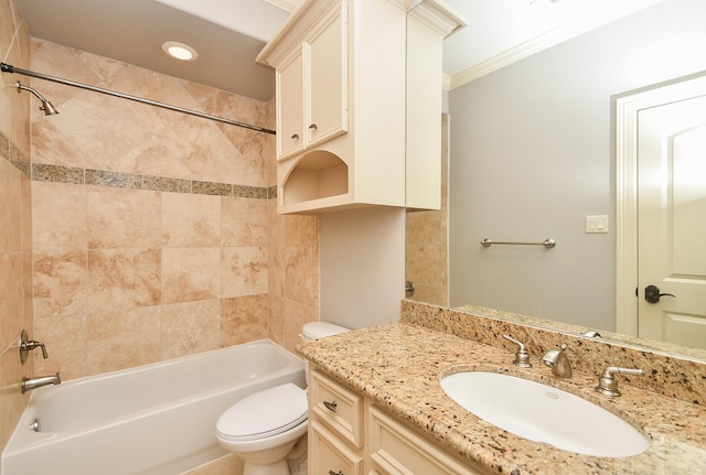 bathroom with vanity, ornamental molding, shower / bathtub combination, toilet, and recessed lighting