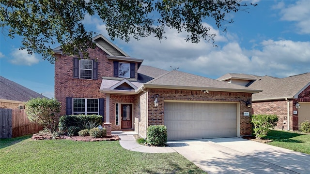 traditional home with fence, a front lawn, brick siding, a garage, and driveway