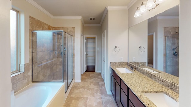 24129 Auburn Falls Ln, Porter, TX 77365 - full bath featuring a shower stall, double vanity, a walk in closet, crown molding, and a garden tub