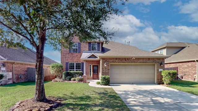traditional-style home featuring brick siding, a garage, fence, and concrete driveway