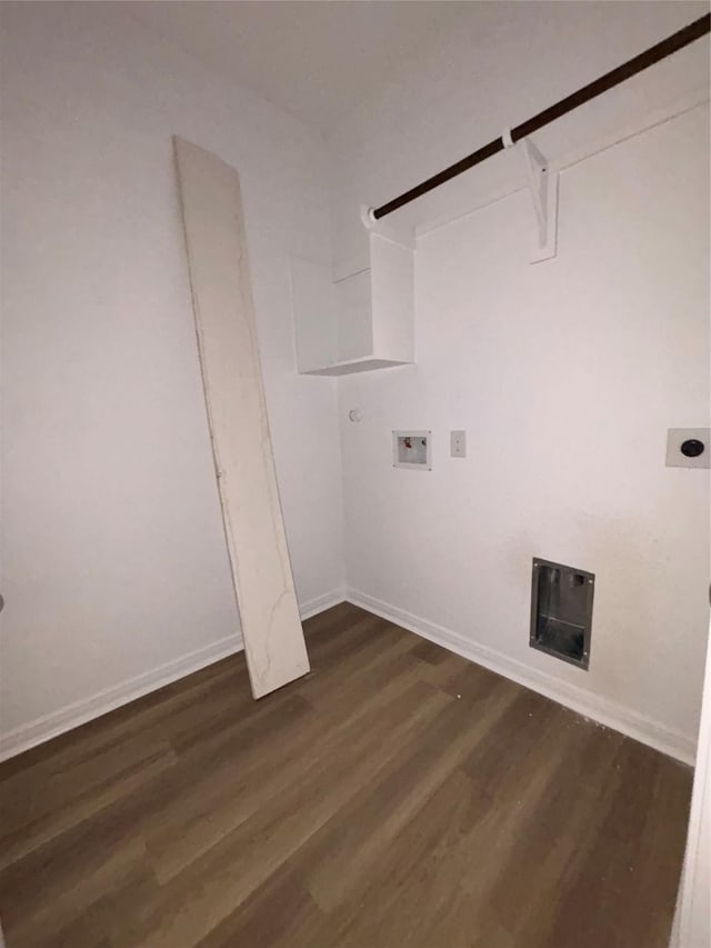 washroom with laundry area, baseboards, dark wood-style floors, electric dryer hookup, and washer hookup