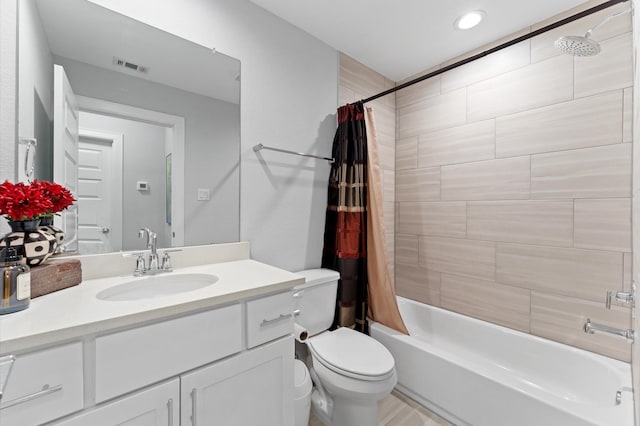 bathroom featuring vanity, shower / tub combo with curtain, toilet, recessed lighting, and visible vents