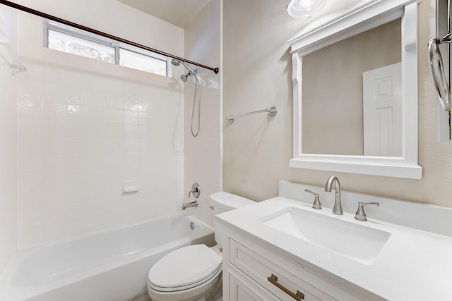 full bath with vanity, tub / shower combination, and toilet