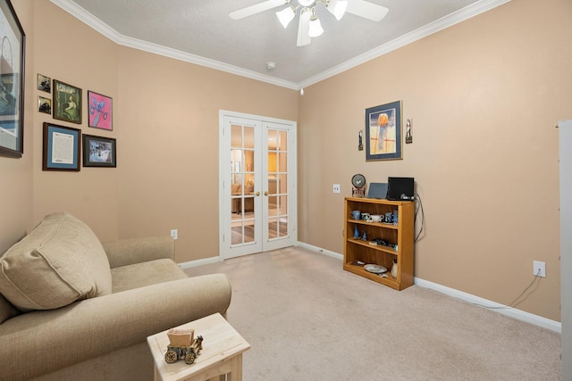 2220 W Marsala Dr, Pearland, TX 77581 - living room with ornamental molding, baseboards, ceiling fan, light colored carpet, and french doors