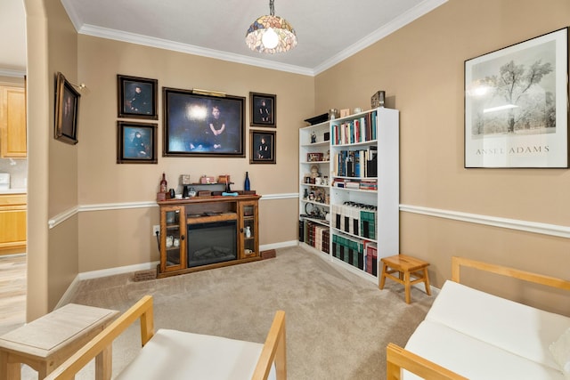 2220 W Marsala Dr, Pearland, TX 77581 - sitting room featuring baseboards, ornamental molding, and carpet