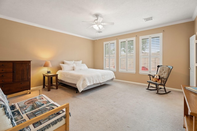 2220 W Marsala Dr, Pearland, TX 77581 - bedroom featuring visible vents, crown molding, baseboards, ceiling fan, and light colored carpet
