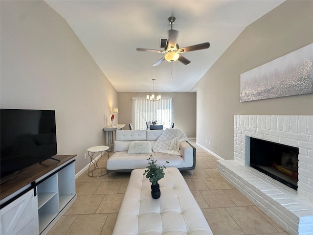 10627 Sandpiper Dr Unit 136, Houston, TX 77096 - living area with vaulted ceiling, a ceiling fan, a fireplace, baseboards, and a chandelier