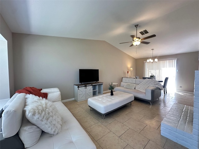 10627 Sandpiper Dr Unit 136, Houston, TX 77096 - living area with a chandelier, vaulted ceiling, a ceiling fan, and baseboards