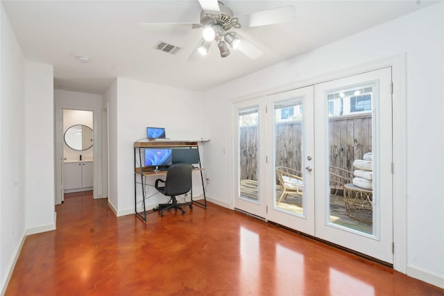 office space with finished concrete floors, baseboards, french doors, and ceiling fan