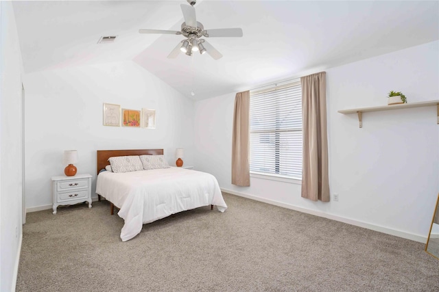 bedroom featuring lofted ceiling, carpet flooring, ceiling fan, and baseboards