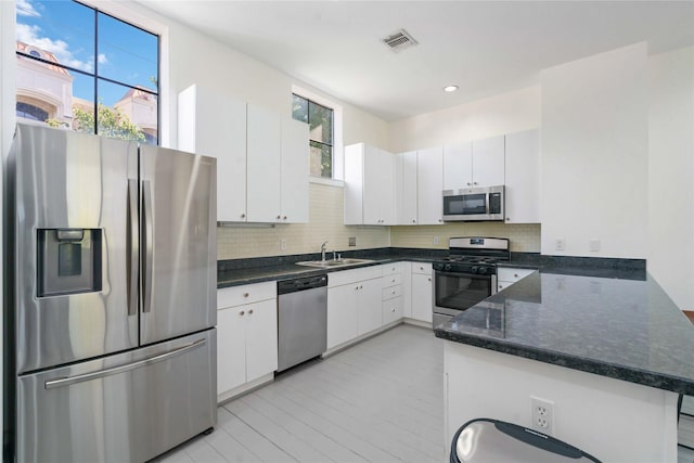 kitchen featuring appliances with stainless steel finishes, a peninsula, a sink, white cabinets, and tasteful backsplash