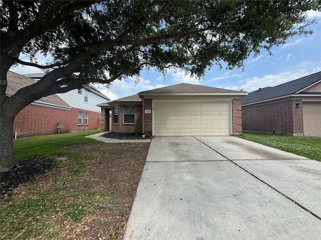 view of front of home with concrete driveway, brick siding, and a garage