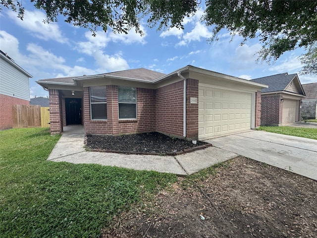 single story home with a front yard, a garage, brick siding, fence, and concrete driveway