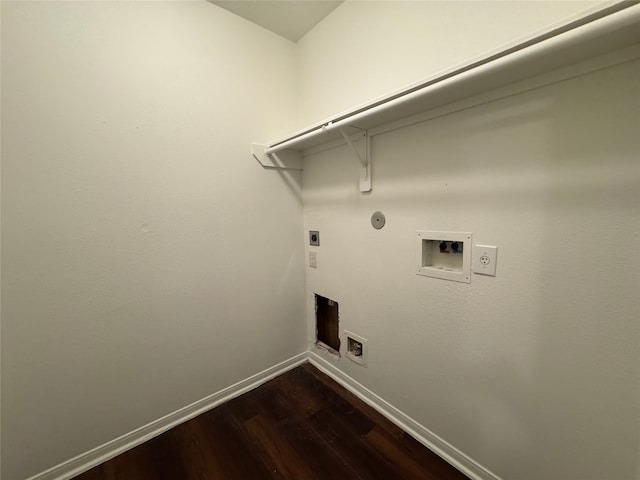 laundry room with dark wood-style flooring, laundry area, hookup for a washing machine, baseboards, and hookup for an electric dryer