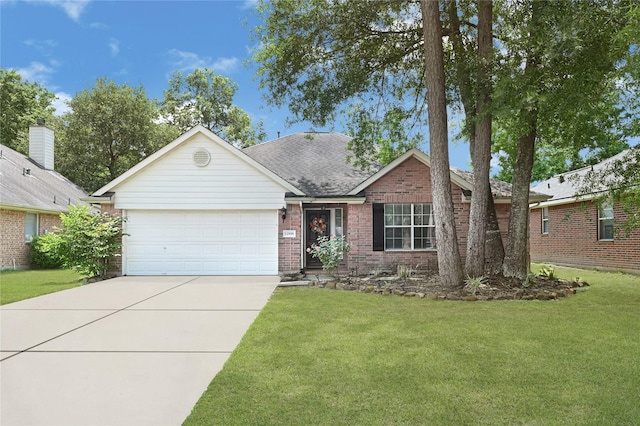 single story home with roof with shingles, an attached garage, a front lawn, brick siding, and concrete driveway
