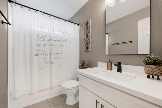 bathroom featuring vanity, tile patterned flooring, toilet, and shower / bath combination with curtain