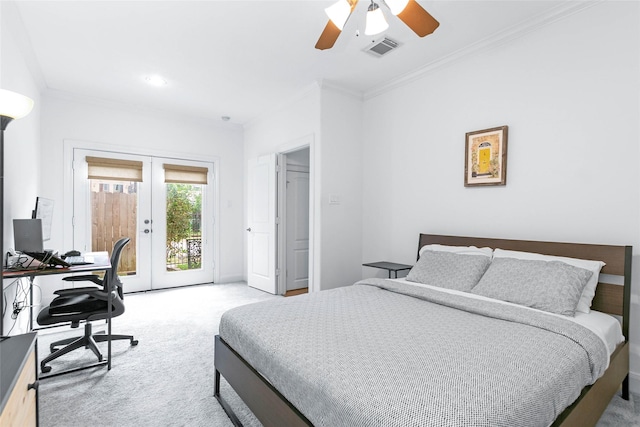 bedroom featuring crown molding, visible vents, light carpet, access to exterior, and french doors