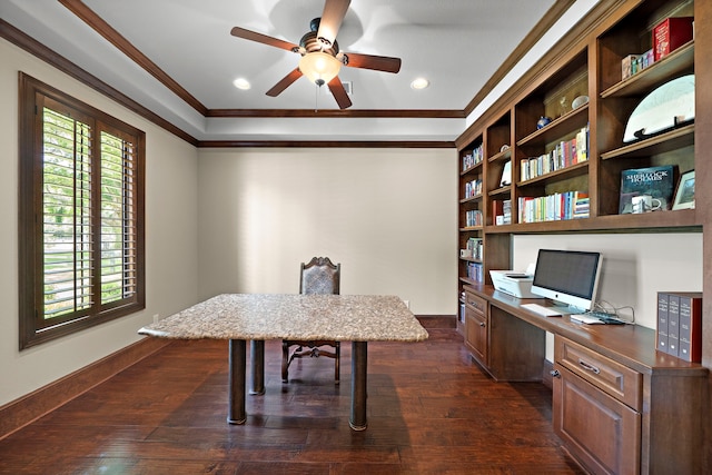 office with ornamental molding, a ceiling fan, dark wood-style flooring, baseboards, and recessed lighting