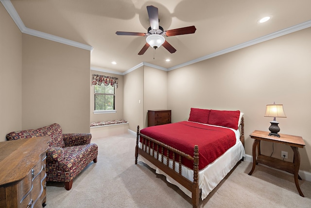 bedroom with carpet flooring, ornamental molding, recessed lighting, baseboards, and a ceiling fan
