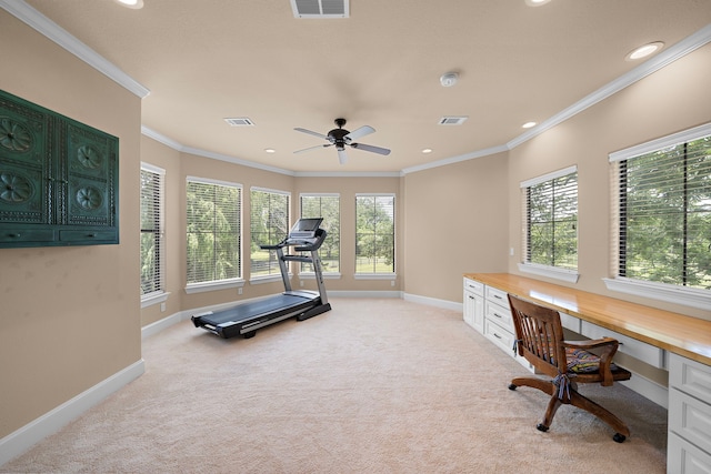exercise room featuring light carpet, baseboards, plenty of natural light, ornamental molding, and recessed lighting