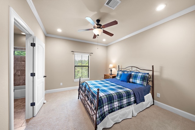 bedroom featuring recessed lighting, baseboards, light carpet, ornamental molding, and ceiling fan