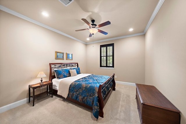 bedroom with recessed lighting, baseboards, light carpet, crown molding, and ceiling fan