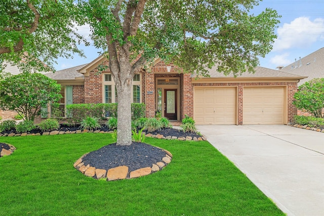 view of front facade featuring brick siding, a front lawn, concrete driveway, an attached garage, and a shingled roof