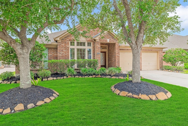 ranch-style house featuring driveway, roof with shingles, a garage, brick siding, and a front lawn