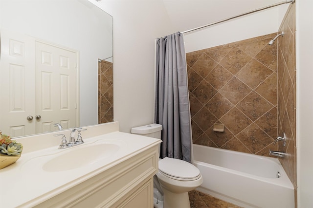 bathroom featuring vanity, shower / bathtub combination with curtain, tile patterned flooring, and toilet