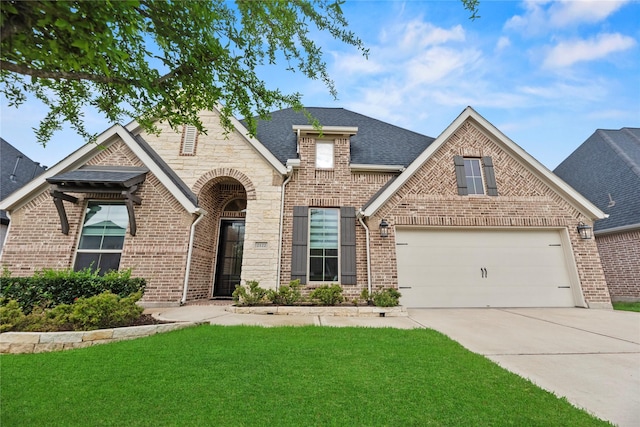 2122 Rosybill Dr, Katy, TX 77494 - french provincial home featuring a garage, a front lawn, roof with shingles, brick siding, and concrete driveway