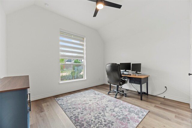 2122 Rosybill Dr, Katy, TX 77494 - home office with a ceiling fan, light wood finished floors, and vaulted ceiling