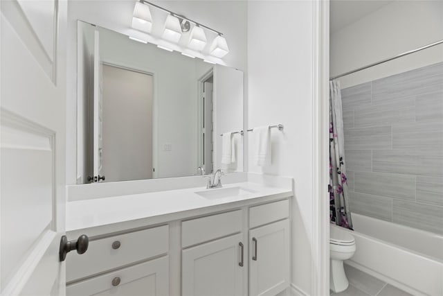 2122 Rosybill Dr, Katy, TX 77494 - bathroom with vanity, shower / tub combo, tile patterned flooring, and toilet