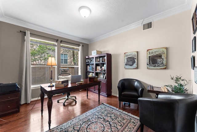 home office with baseboards, ornamental molding, dark wood-style floors, and visible vents