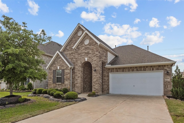 view of front of property featuring roof with shingles, an attached garage, driveway, and brick siding