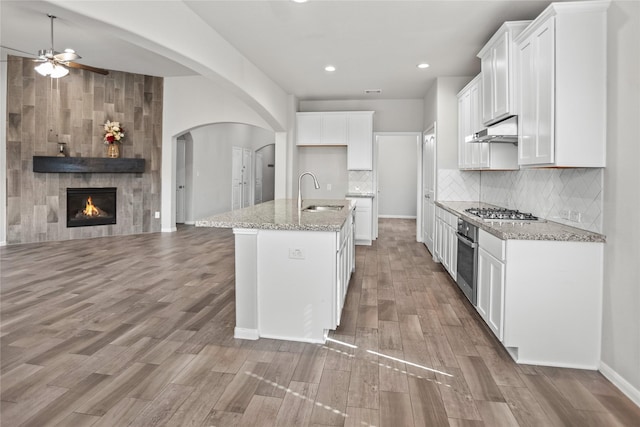 kitchen with light wood-style floors, ceiling fan, under cabinet range hood, a sink, and appliances with stainless steel finishes