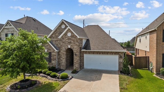 traditional home featuring a shingled roof, brick siding, a garage, a front yard, and concrete driveway
