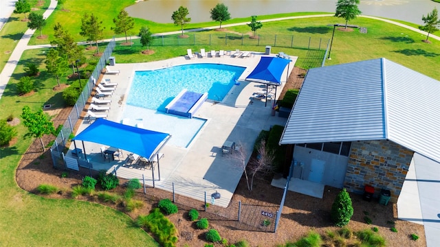 aerial view featuring a water view