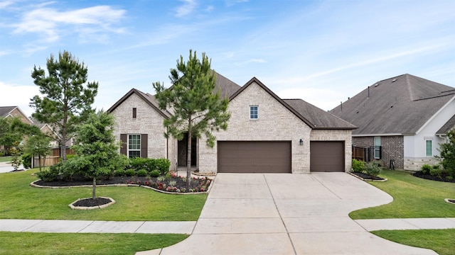 french provincial home featuring brick siding, a garage, a front yard, and concrete driveway