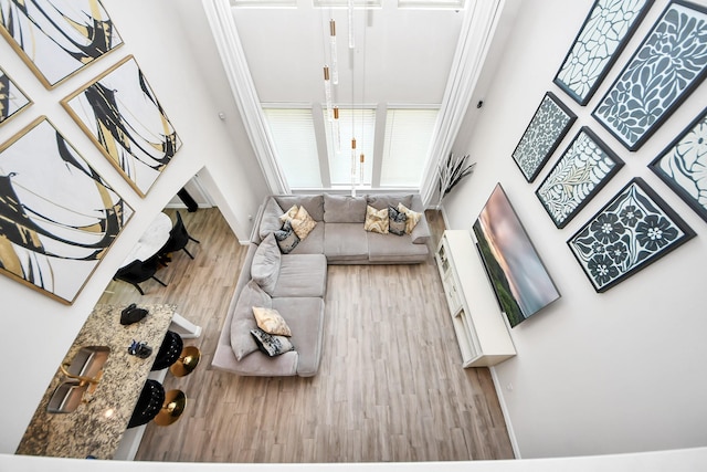 living area with baseboards and wood finished floors
