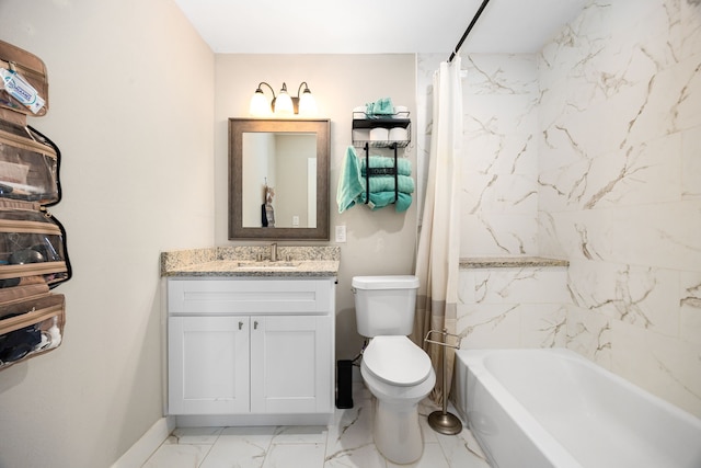415 N Meyer St, Sealy, TX 77474 - full bathroom with vanity, shower / bath combo with shower curtain, marble finish floor, toilet, and baseboards
