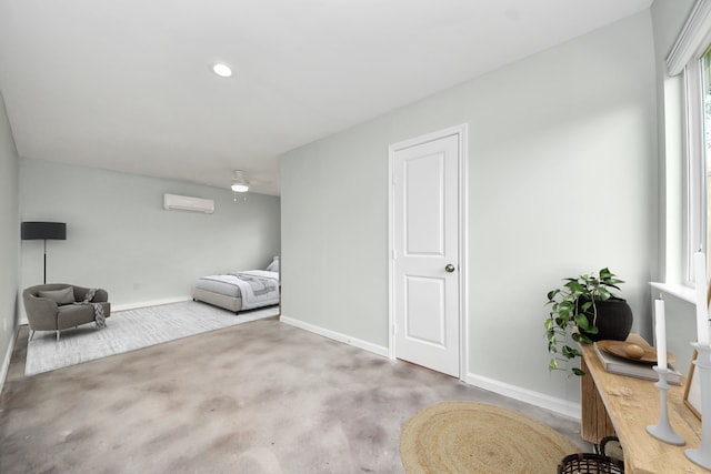 unfurnished room featuring baseboards, a wall unit AC, recessed lighting, and carpet floors
