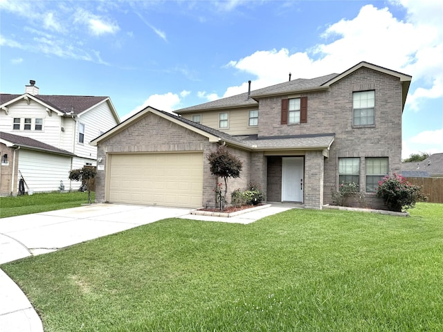 7130 Liberty Oak Ct, Houston, TX 77049 - traditional-style home featuring an attached garage, concrete driveway, brick siding, a front lawn, and a shingled roof