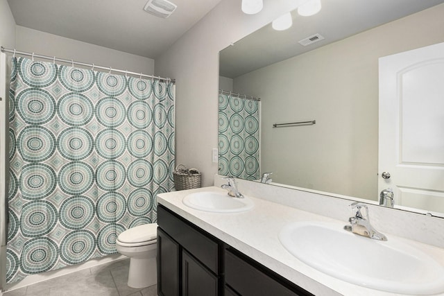 23706 Bluewood Trce, Tomball, TX 77375 - bathroom with tile patterned floors, toilet, double vanity, and curtained shower