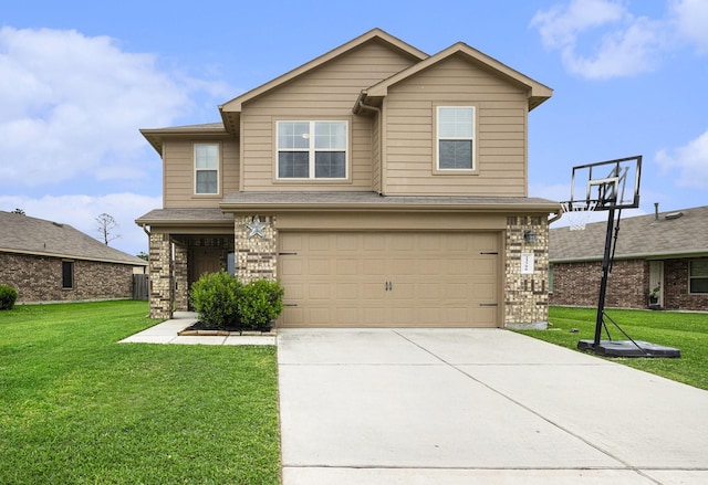 23706 Bluewood Trce, Tomball, TX 77375 - traditional-style home with an attached garage, a front lawn, concrete driveway, and stone siding