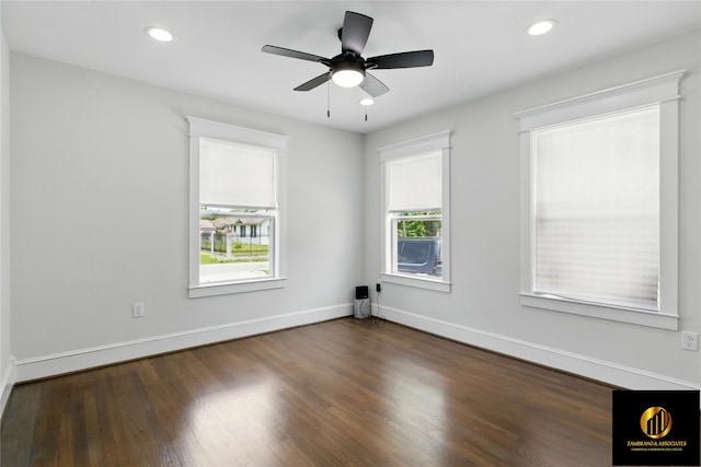 spare room with recessed lighting, a ceiling fan, baseboards, and wood finished floors