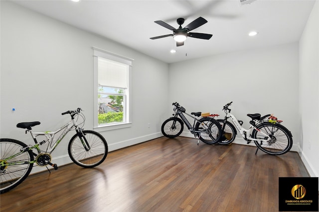 miscellaneous room with recessed lighting, baseboards, ceiling fan, and wood finished floors