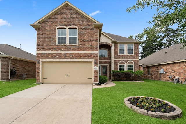 traditional-style house with concrete driveway, brick siding, a front lawn, and a garage