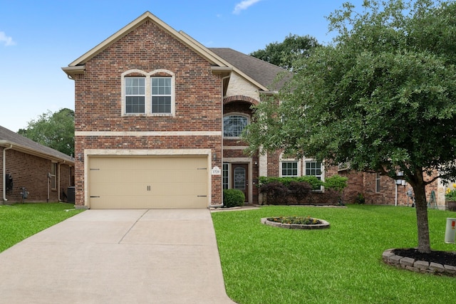 traditional home featuring central AC, a front lawn, brick siding, a garage, and driveway